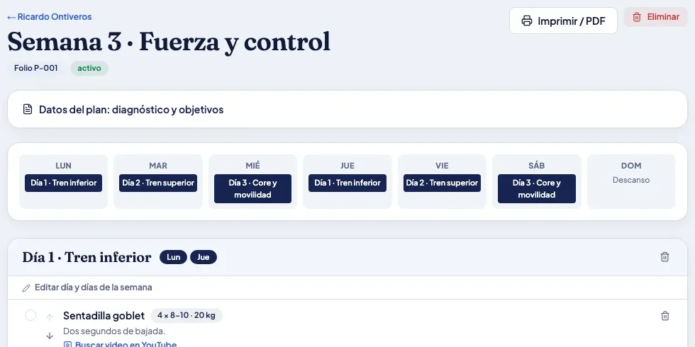 Plan semanal de un paciente: los días de la semana con su rutina y el primer ejercicio con series y carga