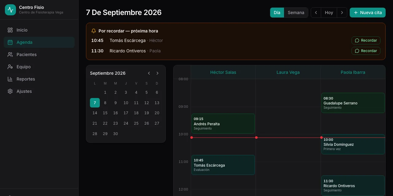 Agenda del día en columnas por terapeuta, con las citas de cada uno y un aviso de la próxima hora