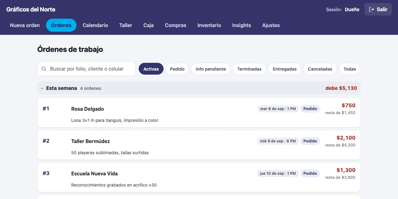 Pantalla de órdenes de trabajo: cuatro órdenes con su fecha de entrega, estado y saldo pendiente